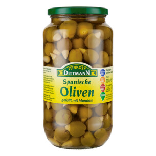 Feinkost Dittmann spanische Oliven gefüllt mit Mandeln grün im Glas 550 g