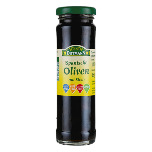 Feinkost Dittmann Schwarze Spanische Oliven mit Stein im Glas 85 g