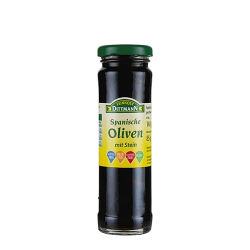4720 Feinkost Dittmann Spanische Oliven schwarz mit Stein 85g