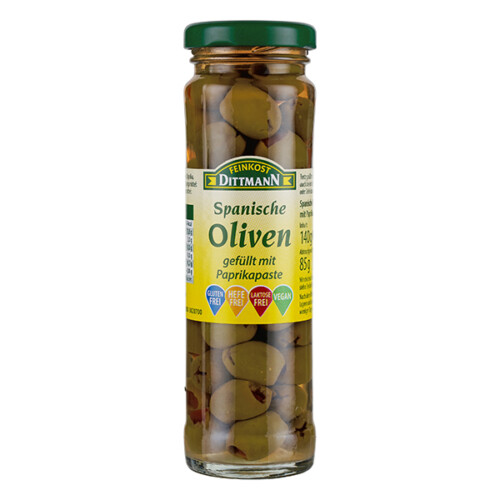 Feinkost Dittmann spanische Oliven gefüllt mit Paprikapaste grün im Glas 85 g