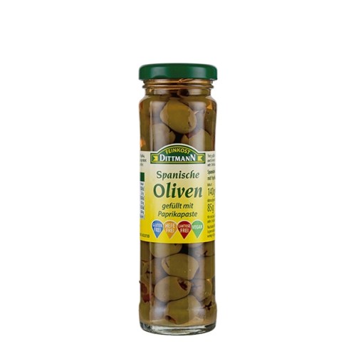 4931 Feinkost Dittmann Oliven grün gefüllt mit Paprikapaste 85g