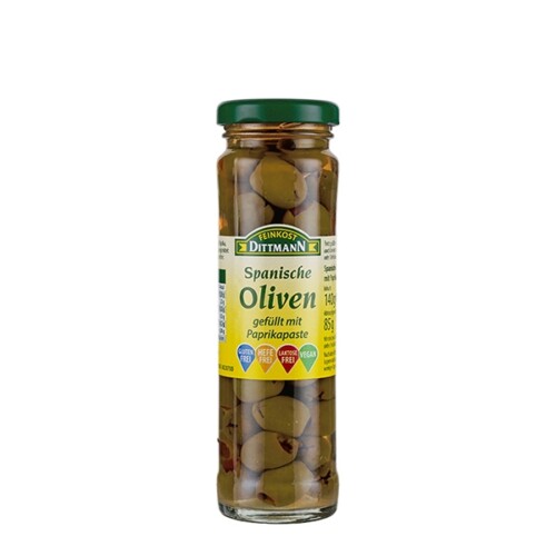 Feinkost Dittmann Oliven grün gefüllt mit Paprikapaste im Glas 85 g