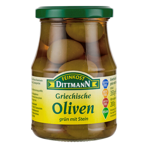 Feinkost Dittmann Griechische Oliven mit Stein grün im Glas 200 g
