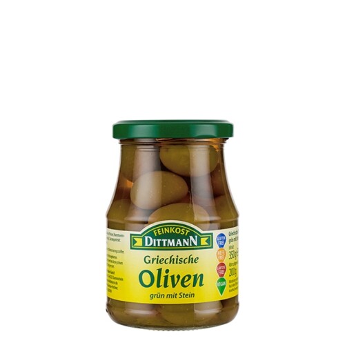 Feinkost Dittmann Griechische Oliven grün mit Stein im Glas 200 g