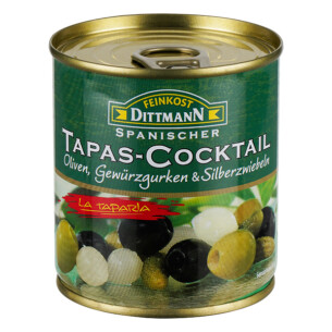 Feinkost Dittmann spanischer Tapas-Cocktail grüne Oliven mit Gewürzgurken Silberzwiebeln in der Dose 80 g