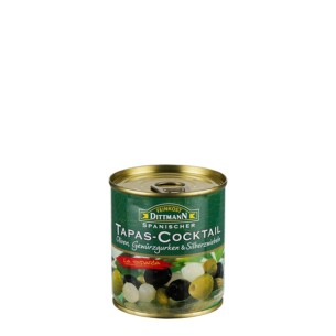 Feinkost Dittmann Oliven Tapas Cocktail bestehend aus Oliven Gewürzgurken und Silberzwiebeln in der Dose 85 g