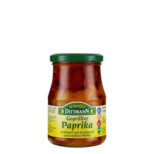 Feinkost Dittmann Gegrillte Paprika verfeinert mit Knoblauch und weißem Pfeffer im Glas 320 g