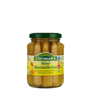 Feinkost Dittmann Mini Maiskölbchen verfeinert mit 25 % mild süßem Bienenhonig im Aufguss im Glas 190 g
