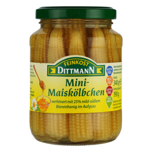 Feinkost Dittmann Mini Maiskölbchen verfeinert mit 25 % mild süßem Bienenhonig im Aufguss im Glas 190 g