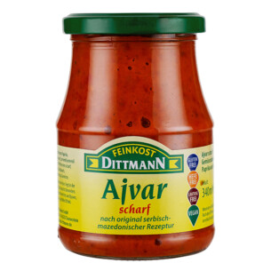 Feinkost Dittmann Ajvar scharfe Gewürzpaste nach original serbisch mazedonischer Rezeptur im Glas 340 ml