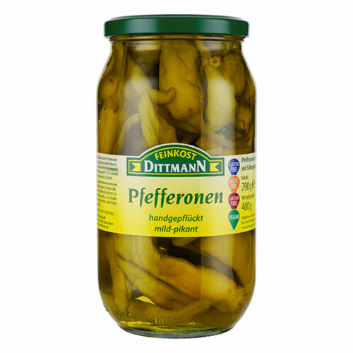Feinkost Dittmann Pfefferonen mild pikant handgepflückt im Glas 400 g