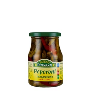 Feinkost Dittmann Peperoni bunt scharf handgepflückt im Glas 165 g
