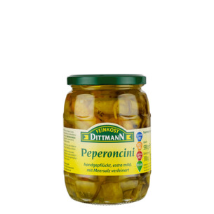 Feinkost Dittmann Peperoncini handgepflückt extra mild mit Meersalz verfeinert im Glas 310 g