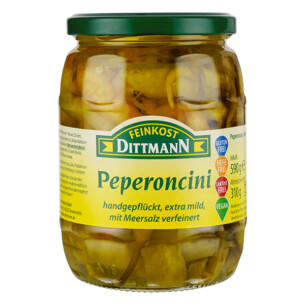 Feinkost Dittmann Peperoncini grün handgepflückt extra mild mit Meersalz verfeinert im Glas 310 g