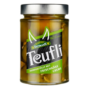 Feinkost Dittmann Teufli grün handgefüllt mit Frischkäsecreme im Glas 290 g