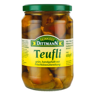 Feinkost Dittmann Teufli grün handgefüllt mit Frischkäsezubereitung im Glas 380 g