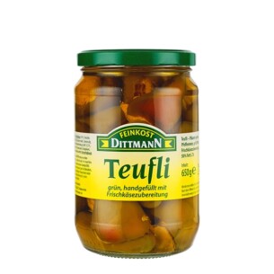 Feinkost Dittmann Teufli grün handgefüllt mit Frischkäsezubereitung im Glas 650 g
