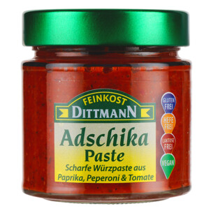 Feinkost Dittmann Adschicka Paste scharfe Würzpaste aus Paprika Peperoni Tomate im Glas 190 g