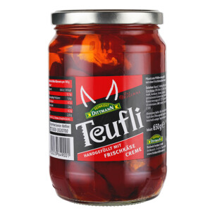 Feinkost Dittmann Teufli rot handgefüllt mit Frischkäsecreme im Glas 380 g