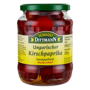 Feinkost Dittmann Kirschpaprika handgepflückt feurig scharf rot im Glas 300 g