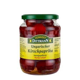 Feinkost Dittmann ungarische Kirschpaprika handgepflückt rot scharf im Glas 300 g