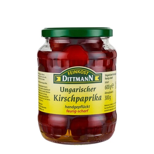 Feinkost Dittmann ungarische Kirschpaprika handgepflückt rot scharf im Glas 300 g