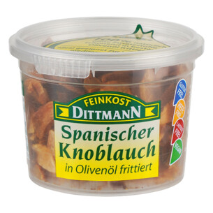 Feinkost Dittmann Knoblauchscheiben in Olivenöl frittiert in Plastikdose mit Deckel 35 g