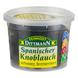 Feinkost Dittmann spanischer Knoblauch schwarz fermentiert in Plastikdose mit Deckel 60 g