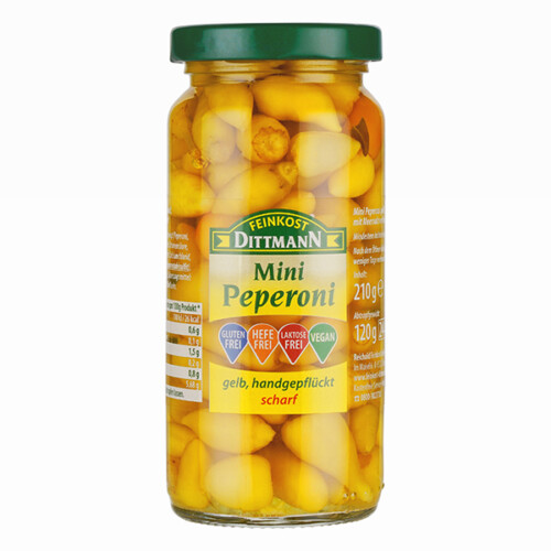 Feinkost Dittmann Baby Peperoni gelb scharf handgepflückt im Glas 120 g