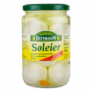 Feinkost Dittmann Soleier geschält und verzehrfertig nach traditionellem Rezept Eier aus Bodenhaltung im Glas 340 g