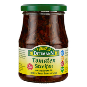 Feinkost Dittmann Getrocknete Tomatenstreifen sonnengereift getrocknet und mariniert im Glas 340 g