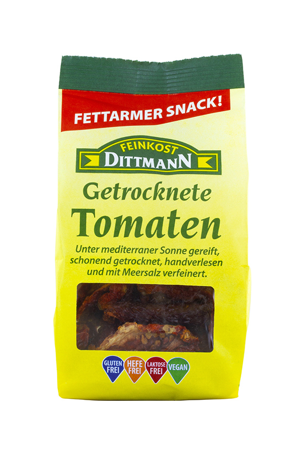 Feinkost Dittmann getrocknete Tomaten Fettarmer Snack unter mediterraner Sonne gereift, schonend getrocknet, handverlesen und mit Meersalz verfeinert in Plastiktüte 80g