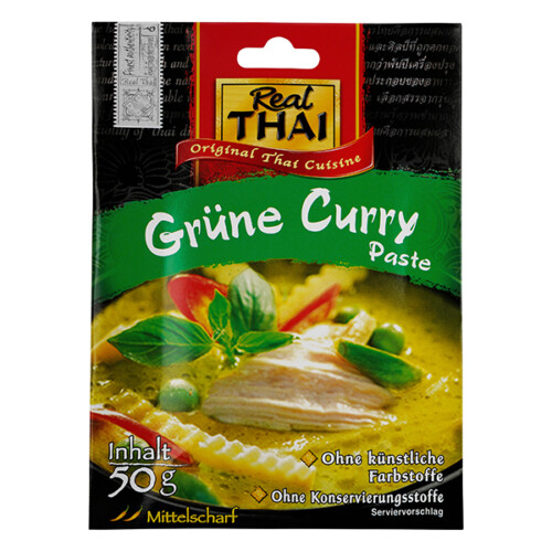 Real Thai Grüne Curry Paste Mittelscharf ohne künstliche Farbstoffe Ohne Konservierungsstoffe Papiertüte 50 g