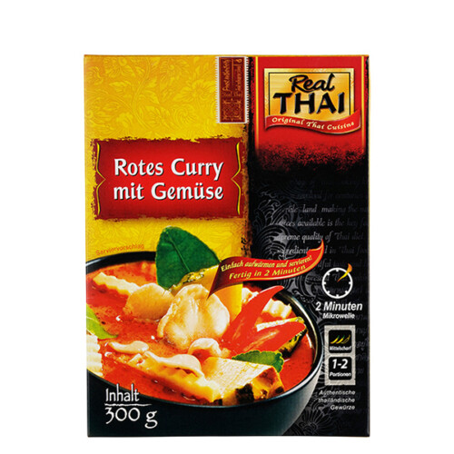 Real Thai rotes Curry mit Gemüse mittlere Schärfe einfach aufwärmen und servieren fertig in 2 Minuten Mikrowelle 1 bis 2 Portionen authentische Thailändische Gewürze Plastiktüte 300 g