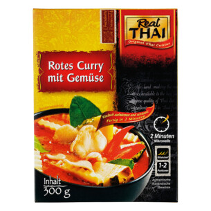 Real Thai Rotes Curry mit Gemüse mittelscharf fertig in 2 Minuten Mikrowelle 1 bis 2 Portionen Plastikschale 300 g
