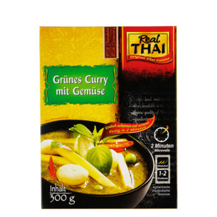 Real Thai grünes Curry mit Gemüse mittlere Schärfe einfach aufwärmen und servieren fertig in 2 Minuten Mikrowelle 1 bis 2 Portionen authentische Thailändische Gewürze Plastiktüte 300 g
