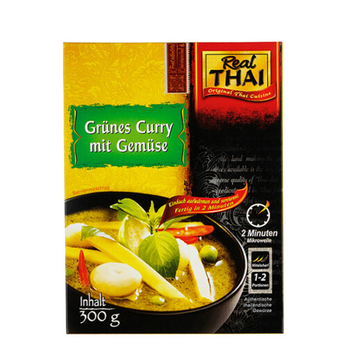 Real Thai grünes Curry mit Gemüse mittlere Schärfe einfach aufwärmen und servieren fertig in 2 Minuten Mikrowelle 1 bis 2 Portionen authentische Thailändische Gewürze Plastiktüte 300 g