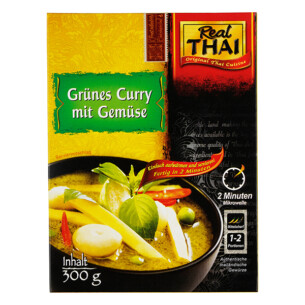 Real Thai Grünes Curry mit Gemüse mittelscharf fertig in 2 Minuten Mikrowelle 1 bis 2 Portionen Plastikschale 300 g