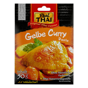 Real Thai gelbe Curry Paste ohne künstlichen Farbstoffe ohne Konservierungsstoffe Mittelscharf Papiertüte 50 g