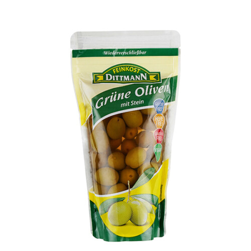 Feinkost Dittmann Oliven grün mit Stein in Plastiktüte wiederverschließbar 125 g
