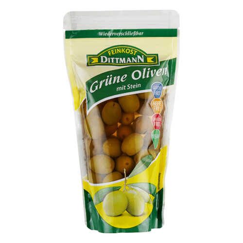 Feinkost Dittmann Grüne Oliven mit Stein in Plastiktüte 125 g