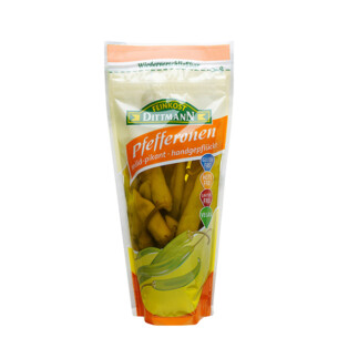 Feinkost Dittmann Pfefferonen mild-pikant handgepflückt in Plastiktüte wiederverschließbar 125 g