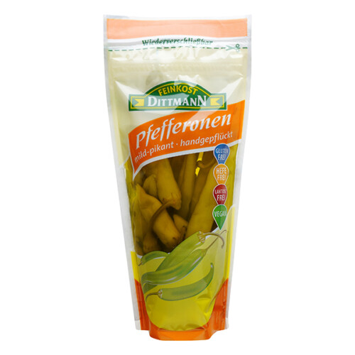 Feinkost Dittmann Pfefferonen mild pikant handgepflückt Plastikbeutel wiederverschließbar 125 g