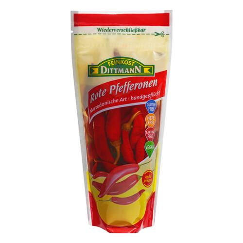 Feinkost Dittmann Rote Pfefferonen Mazedonische Art handgepflückt Plastikbeutel wiederverschließbar 125 g