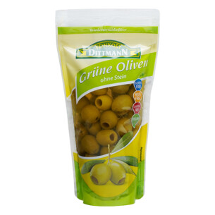 Feinkost Dittmann Grüne Oliven ohne Stein in Plastiktüte wiederverschließbar 125 g