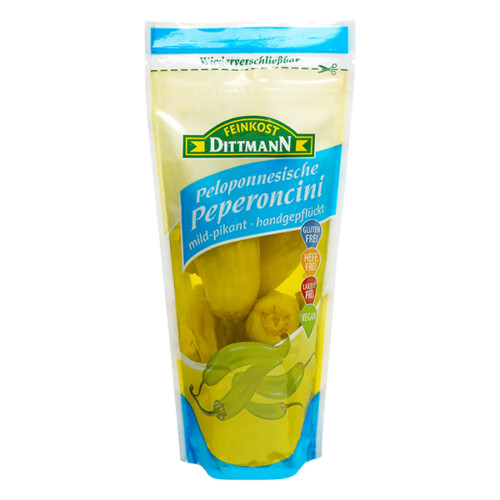 Feinkost Dittmann Peloponnesische Peperoncini grün mild pikant handgepflückt in Plastiktüte wiederverschließbar 125 g