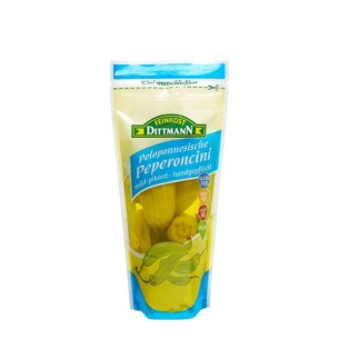 Feinkost Dittmann peloponnesische Peperoncini mild pikant handgepflückt in Plastikbeutel wiederverschließbar 125 g