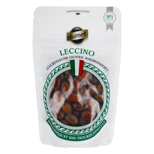 Dumet Leccino italienische schwarze Oliven baumgereift handgepflückt trocken eingelegt Plastikbeutel wiederverschließbar 150 g