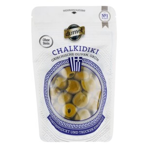 Dumet Chalkidiki Griechische grüne Oliven handgepflückt trocken eingelegt ohne Stein Plastikbeutel wiederverschließbar 150 g