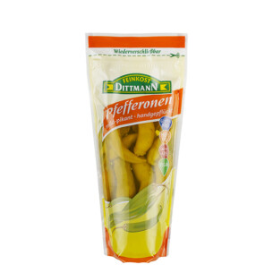 Feinkost Dittmann Pfefferonen mild pikant handgepflückt in Plastiktüte wiederverschließbar 200 g